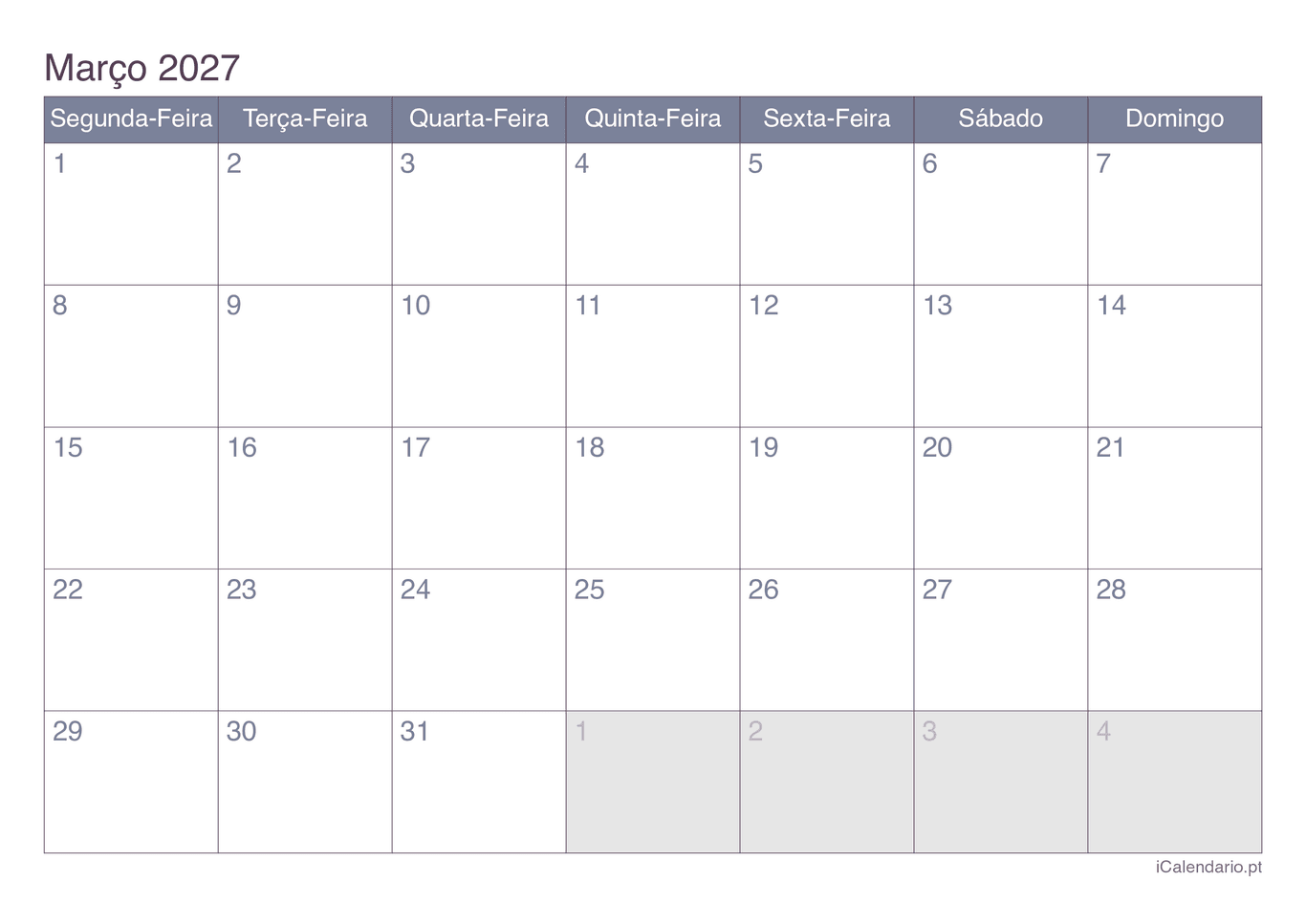 Calendário de março 2027 - Office