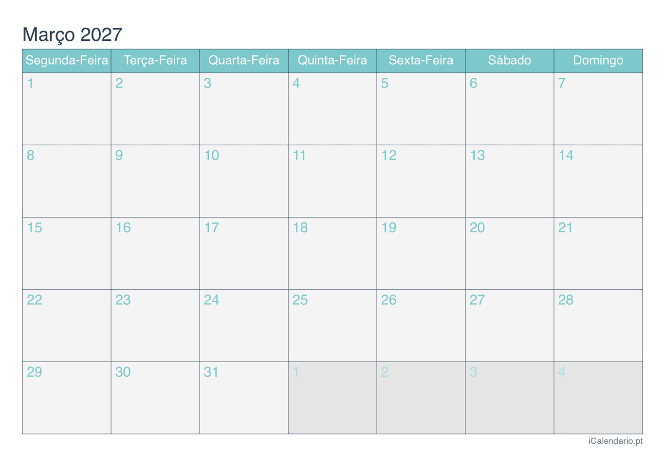 Calendário de março 2027 - Turquesa