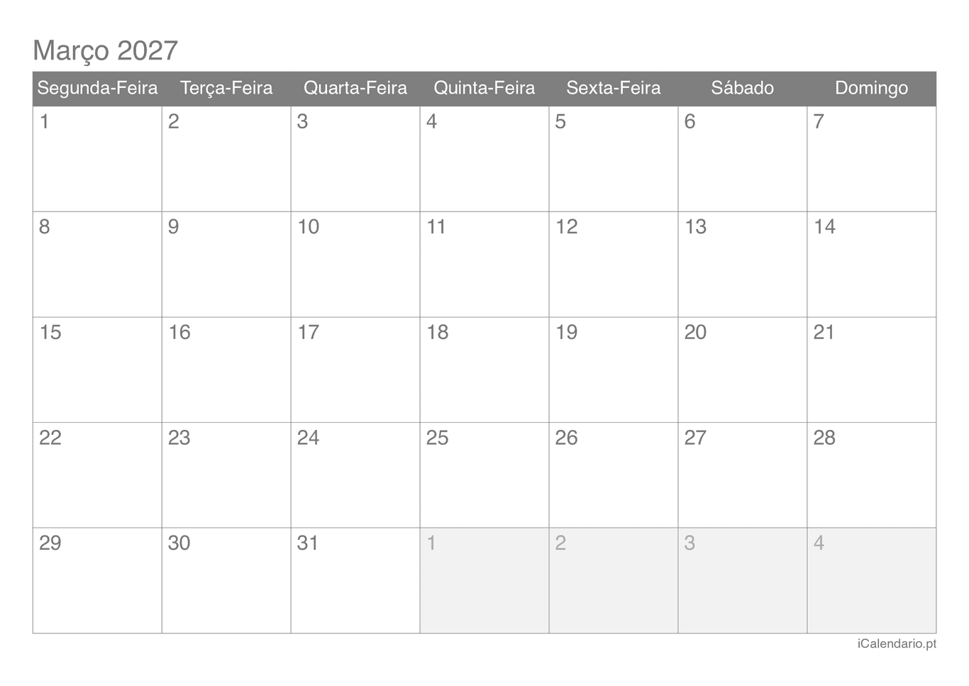 Calendário de março 2027
