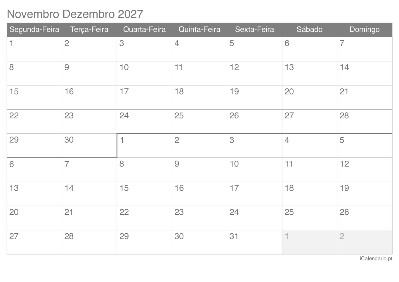 Calendário de novembro dezembro 2027