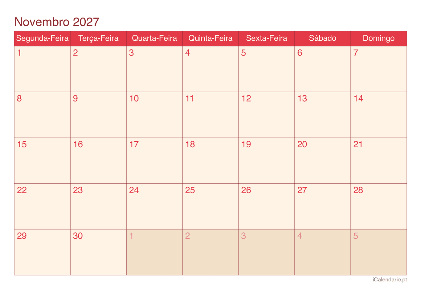 Calendário de novembro 2027 - Cherry