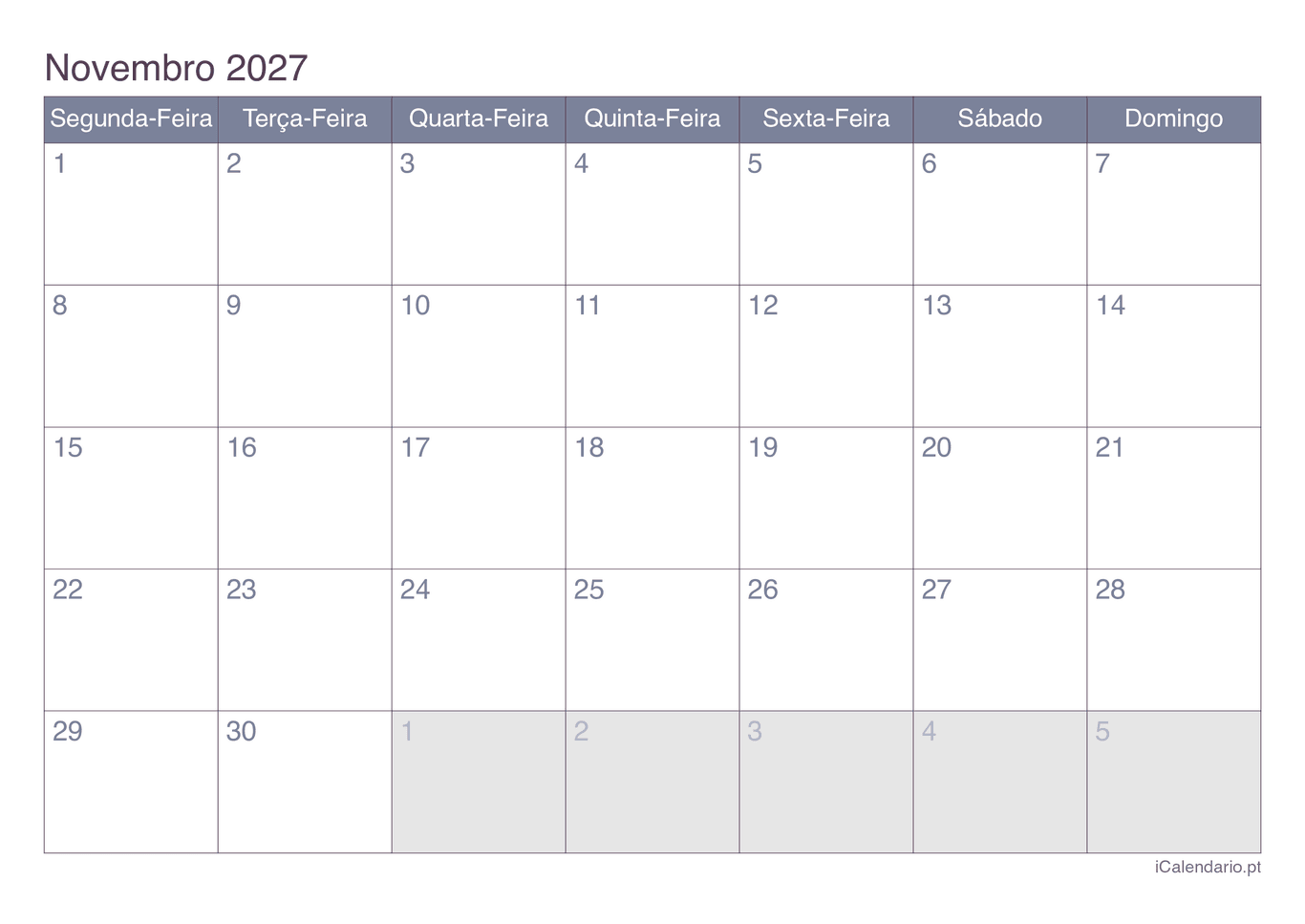 Calendário de novembro 2027 - Office