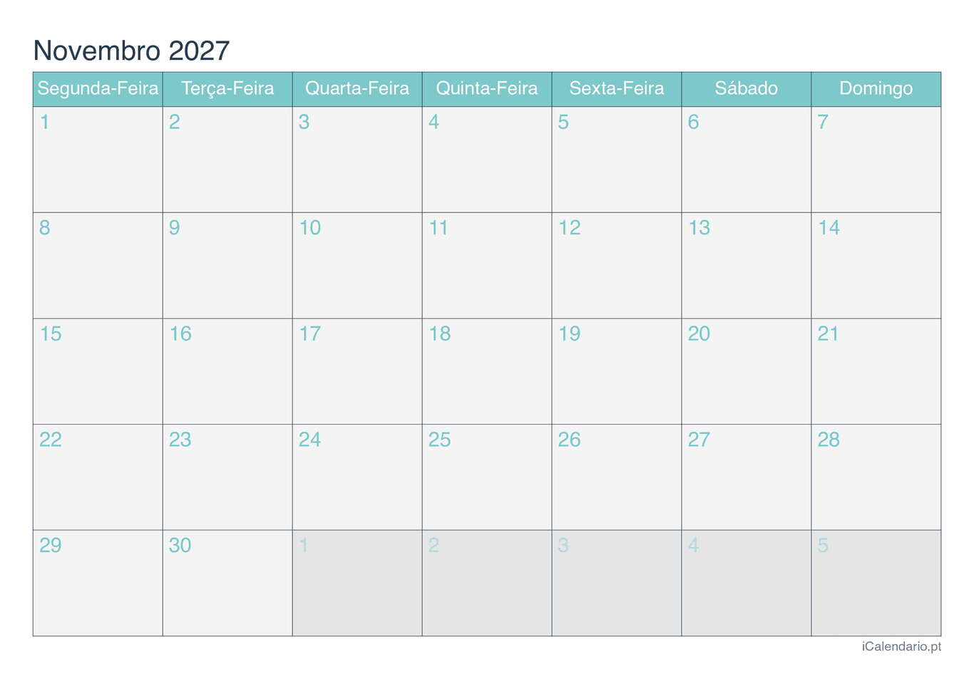 Calendário de novembro 2027 - Turquesa