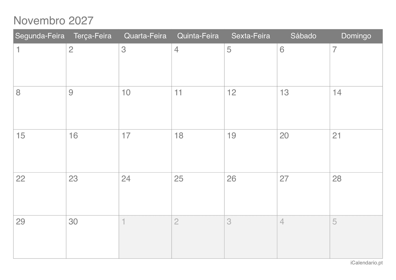 Calendário de novembro 2027