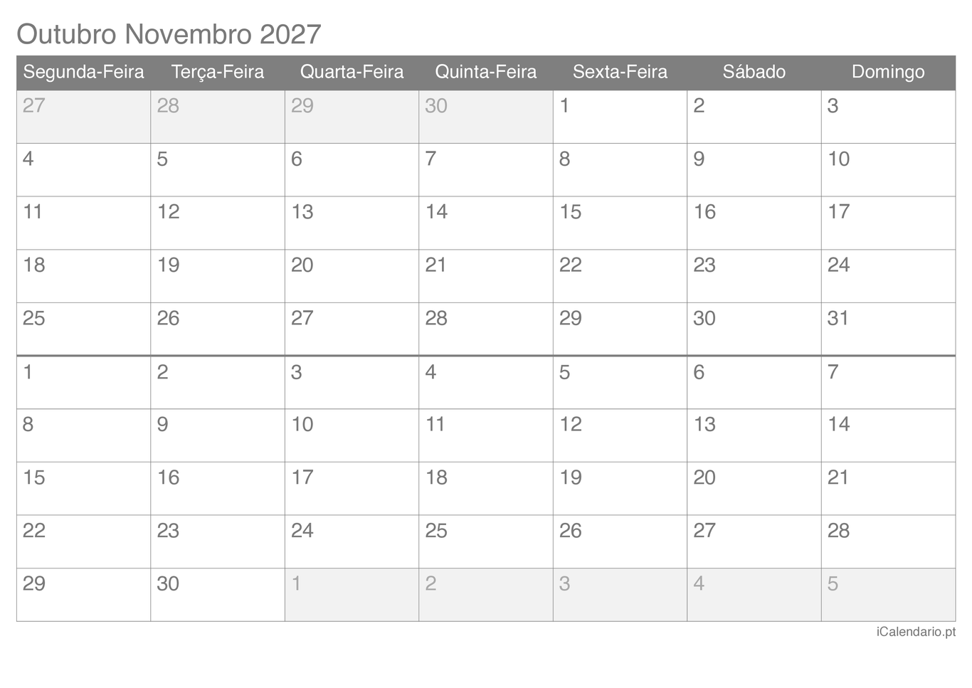 Calendário de outubro novembro 2027