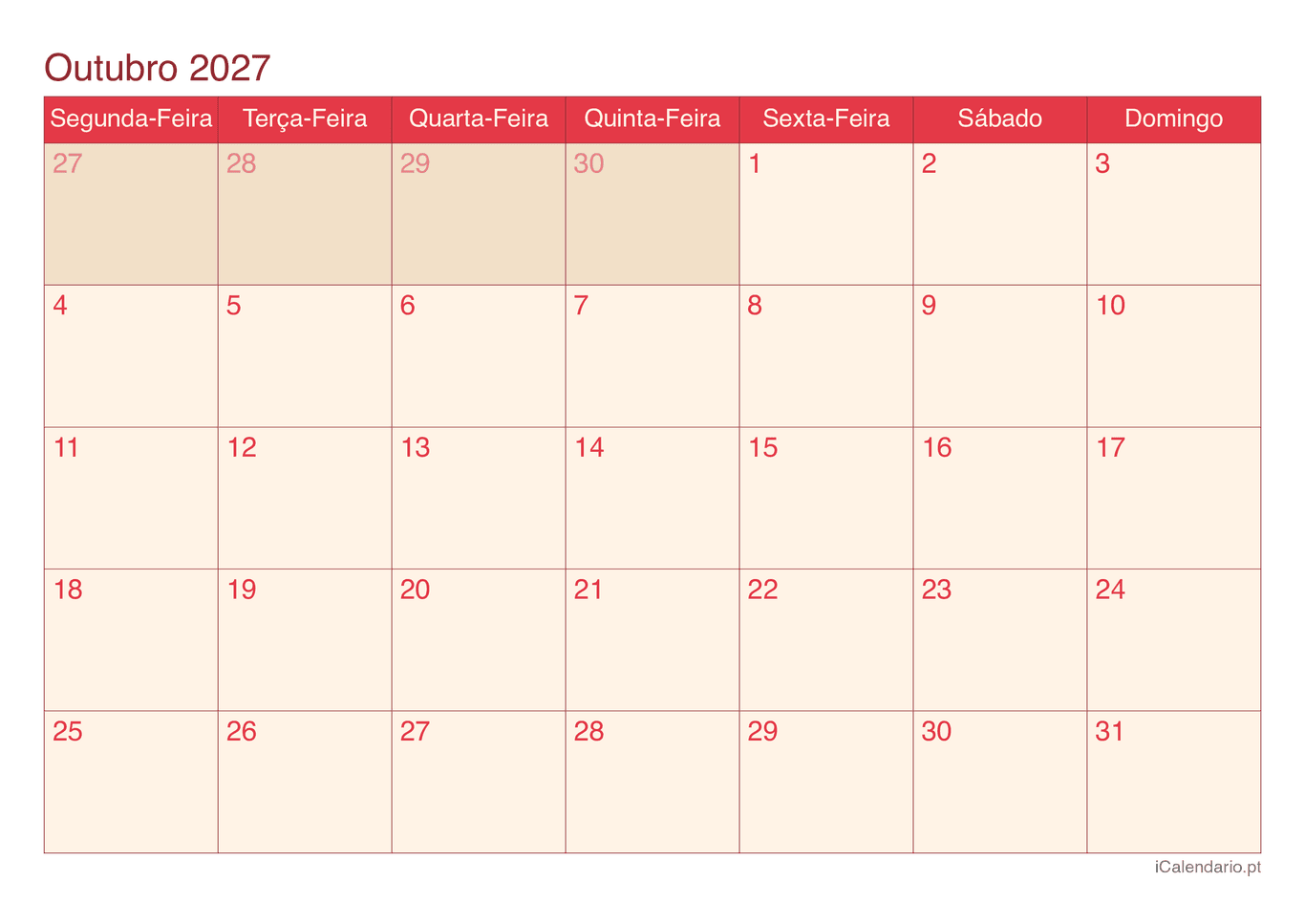 Calendário de outubro 2027 - Cherry