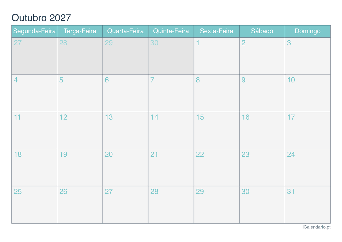 Calendário de outubro 2027 - Turquesa
