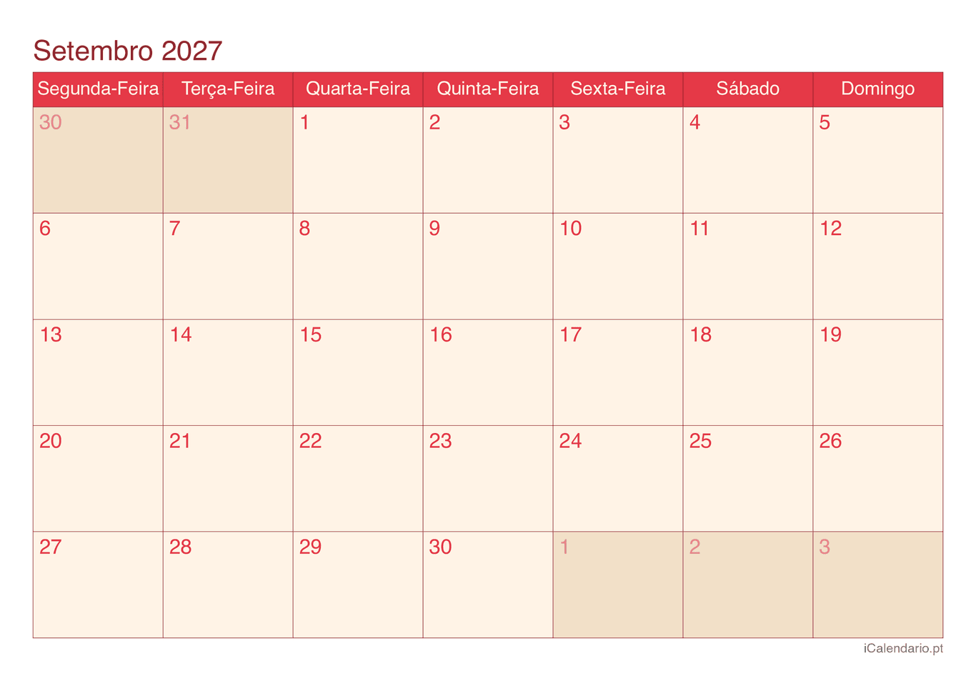 Calendário de setembro 2027 - Cherry