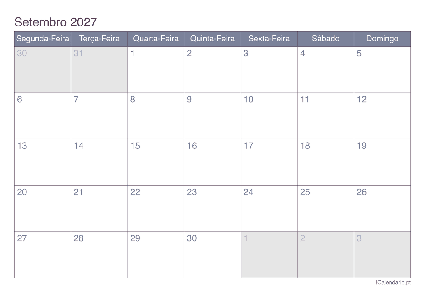 Calendário de setembro 2027 - Office