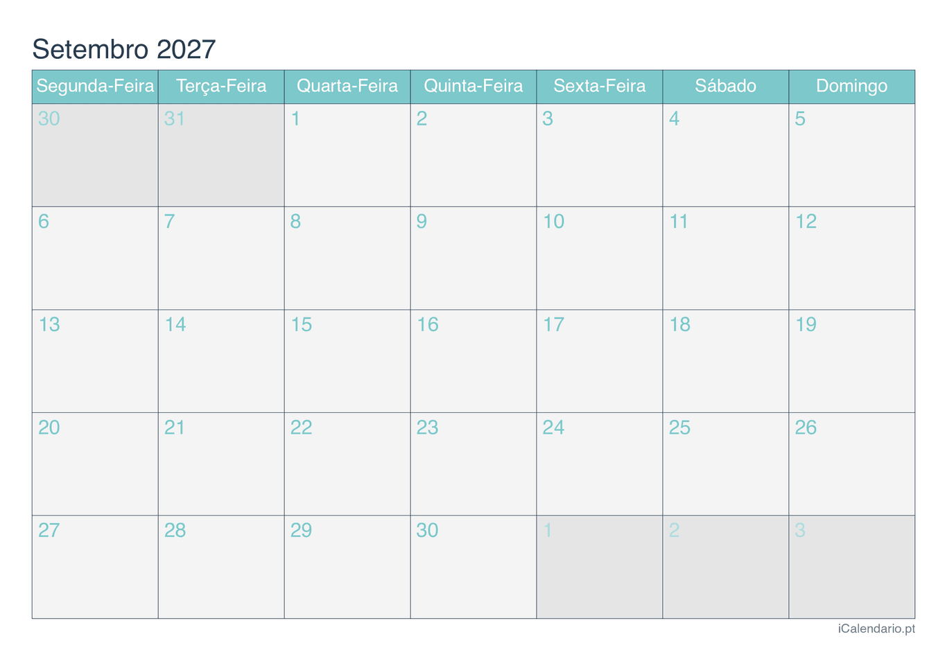 Calendário de setembro 2027 - Turquesa
