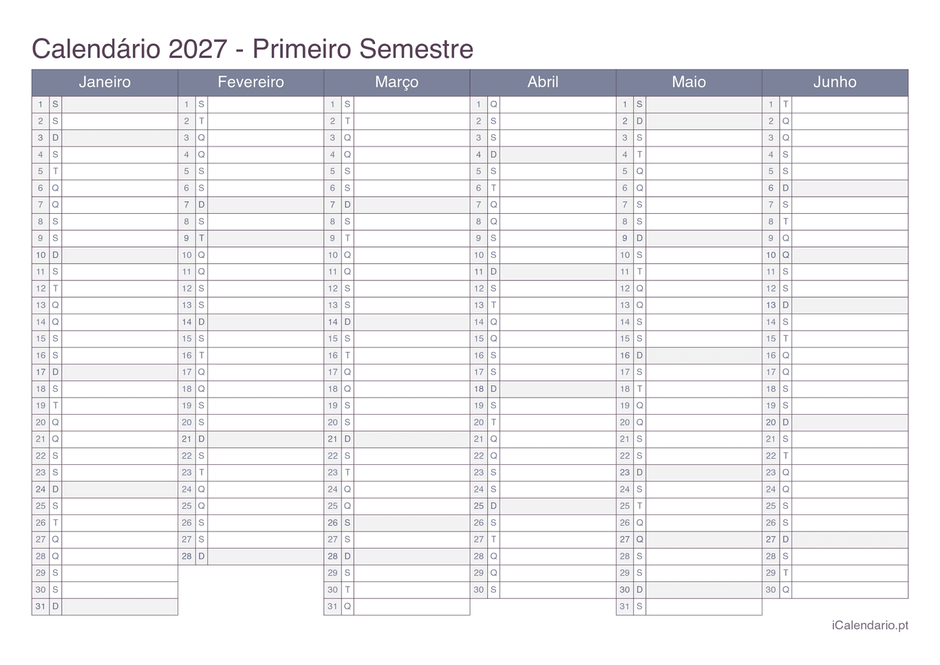 Calendário por semestre 2027 - Office