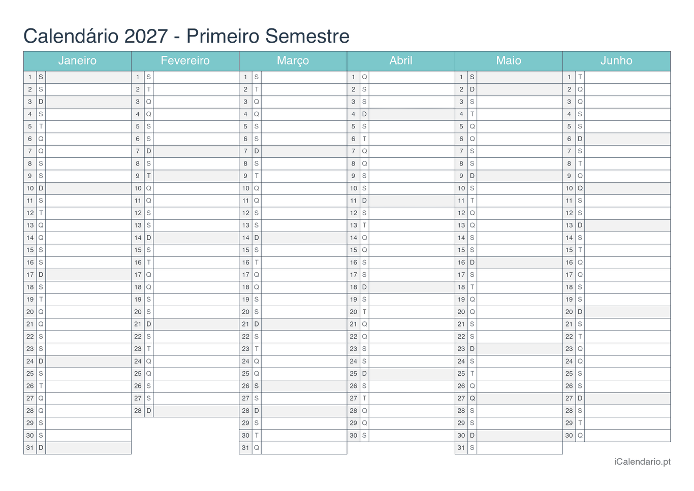 Calendário por semestre 2027 - Turquesa