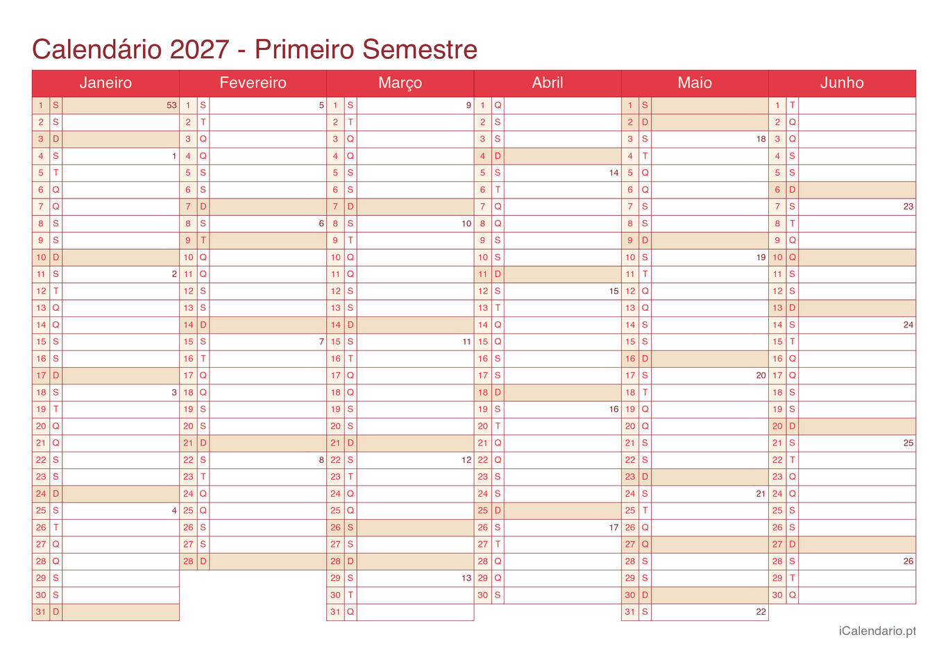 Calendário por semestre com números da semana 2027 - Cherry