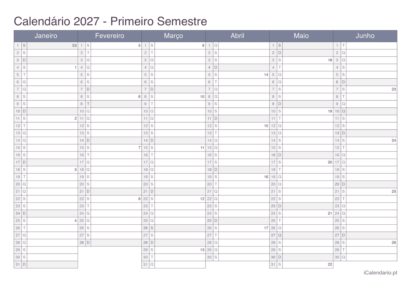 Calendário por semestre com números da semana 2027 - Office