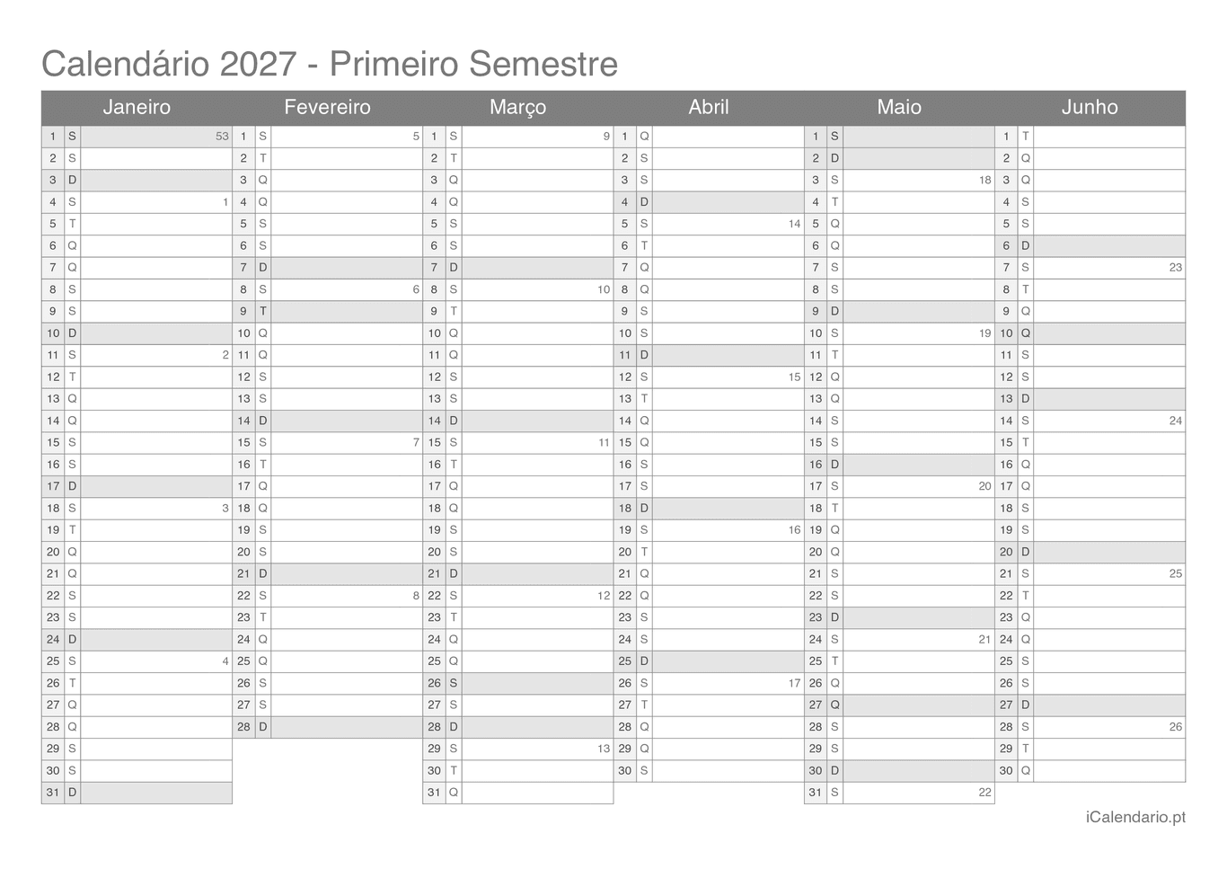 Calendário por semestre com números da semana 2027