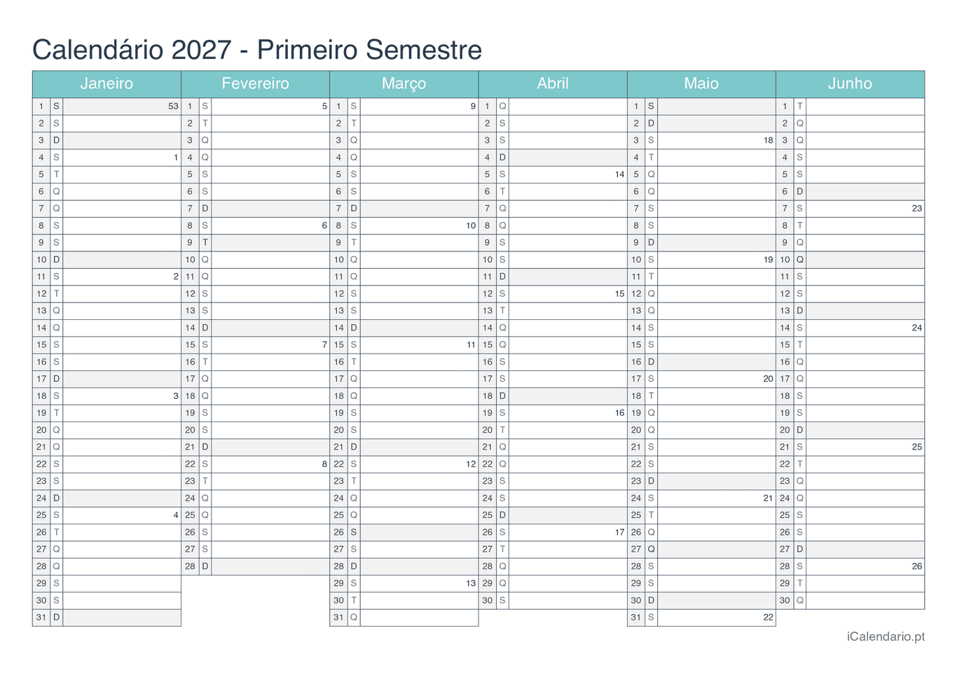 Calendário por semestre com números da semana 2027 - Turquesa