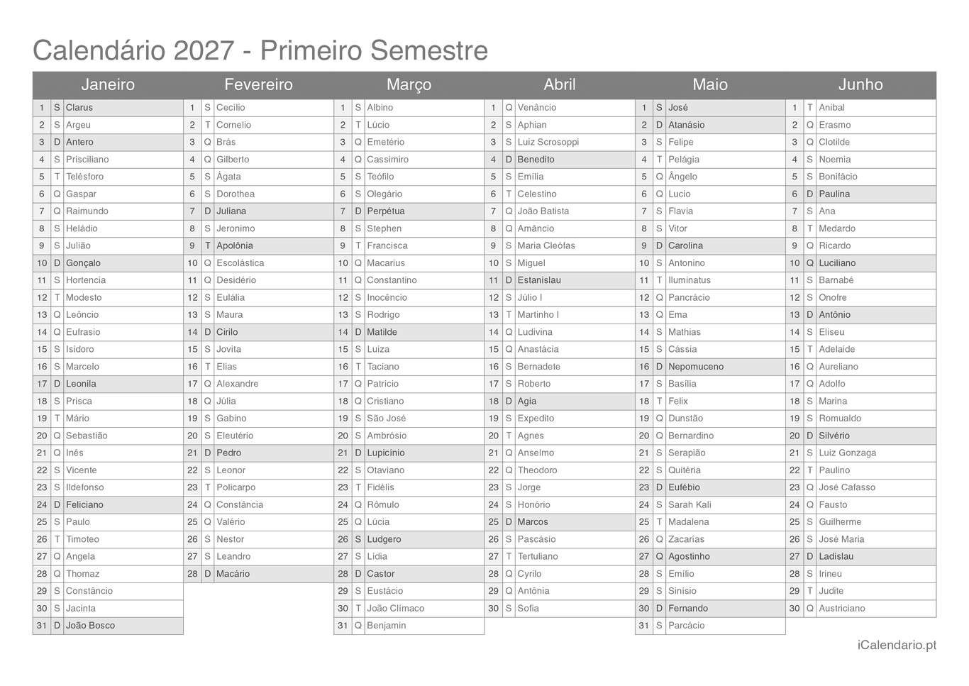 Calendário por semestre 2027 com festa do dia