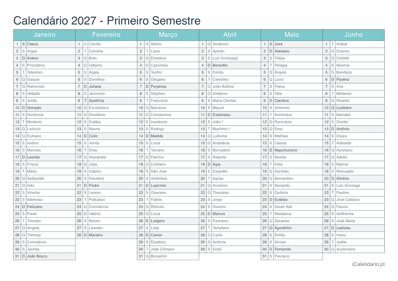 Calendário por semestre 2027 com festa do dia - Turquesa