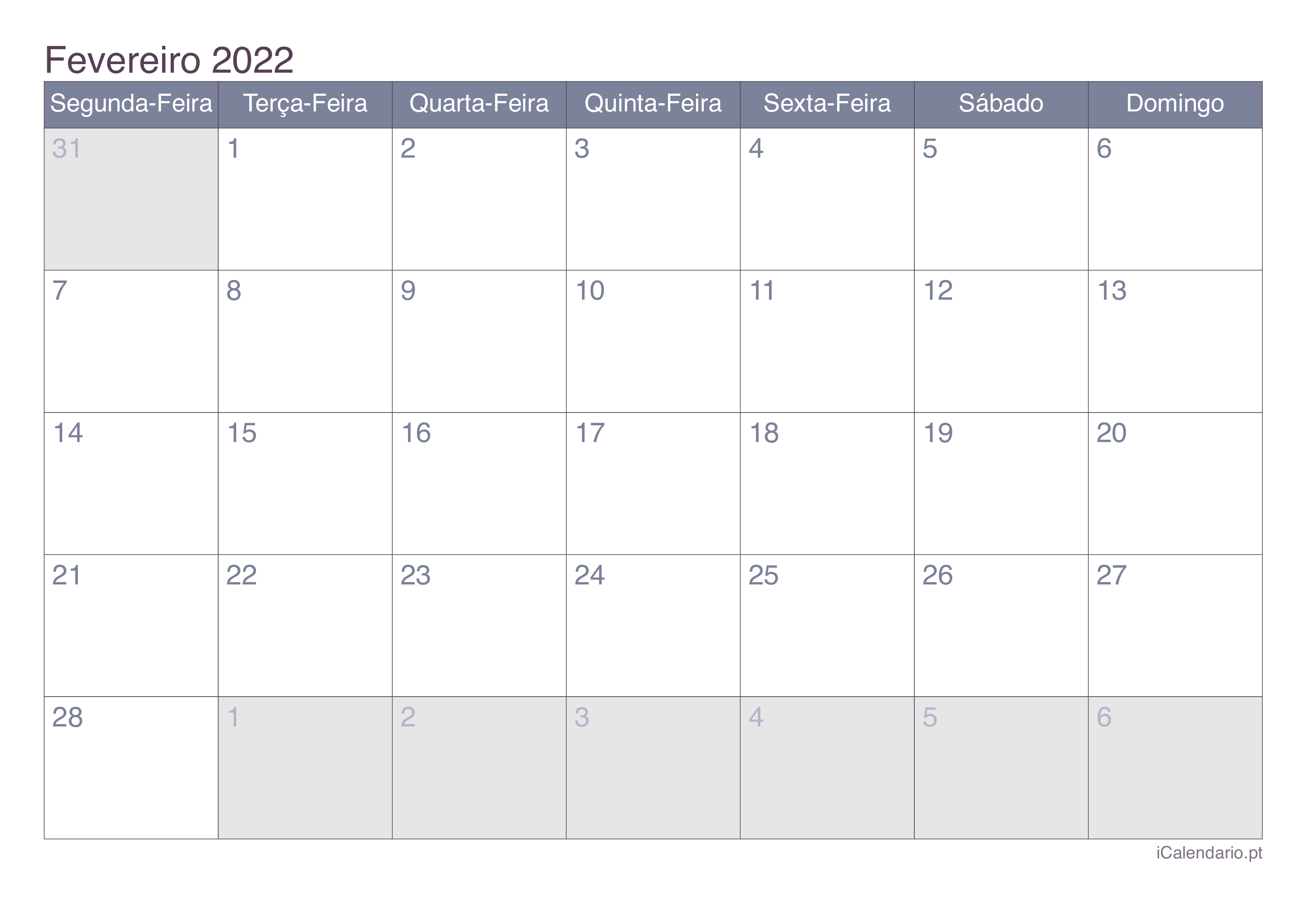 Calendario Fevereiro 2022 Para Imprimir Icalendario Pt