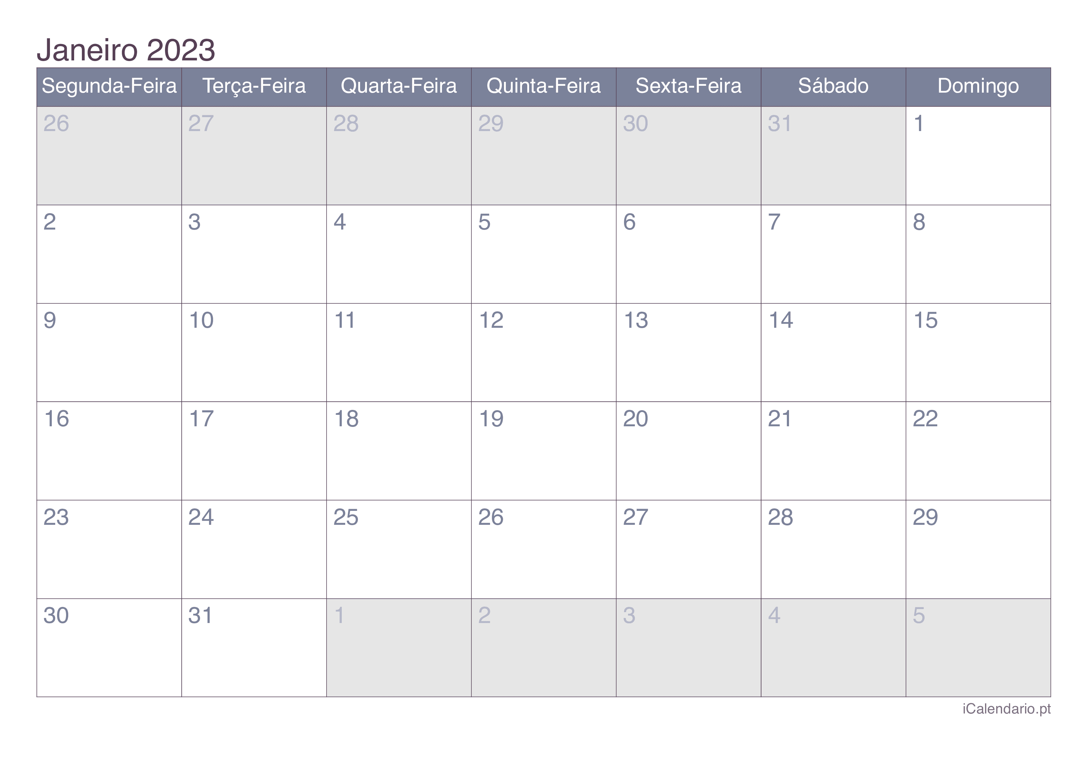 Calendário Janeiro 2023 Para Imprimir Icalendáriopt