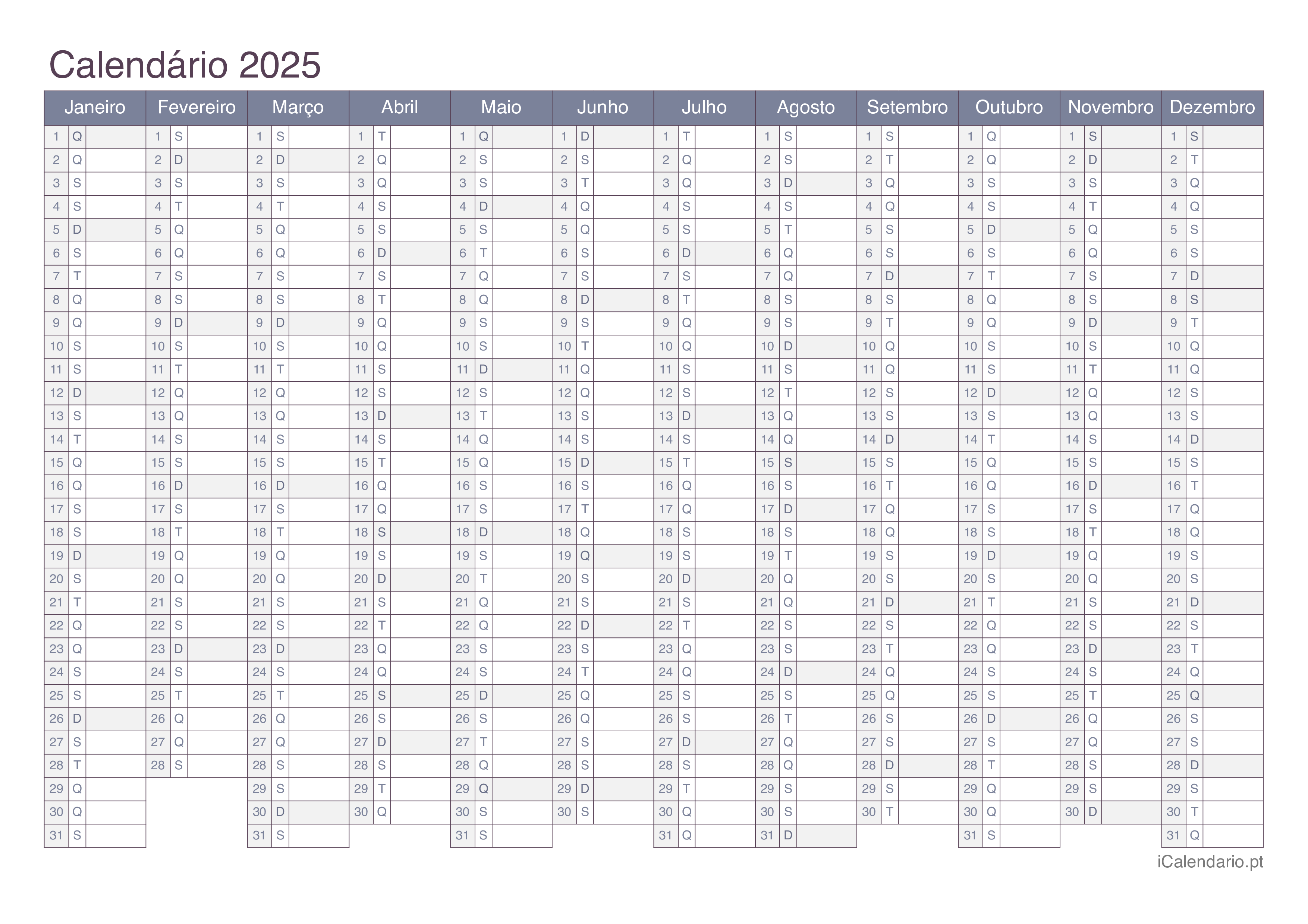 Calendário 2025 para imprimir iCalendário.pt