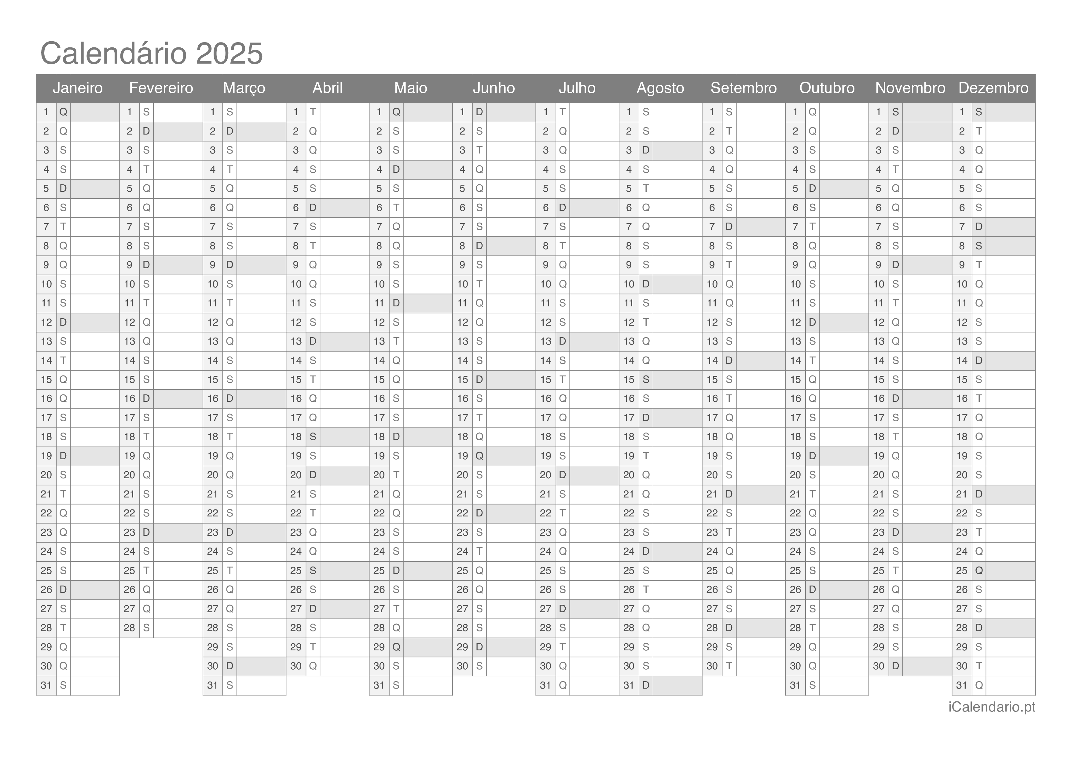 Calendário 2025 para imprimir iCalendário.pt