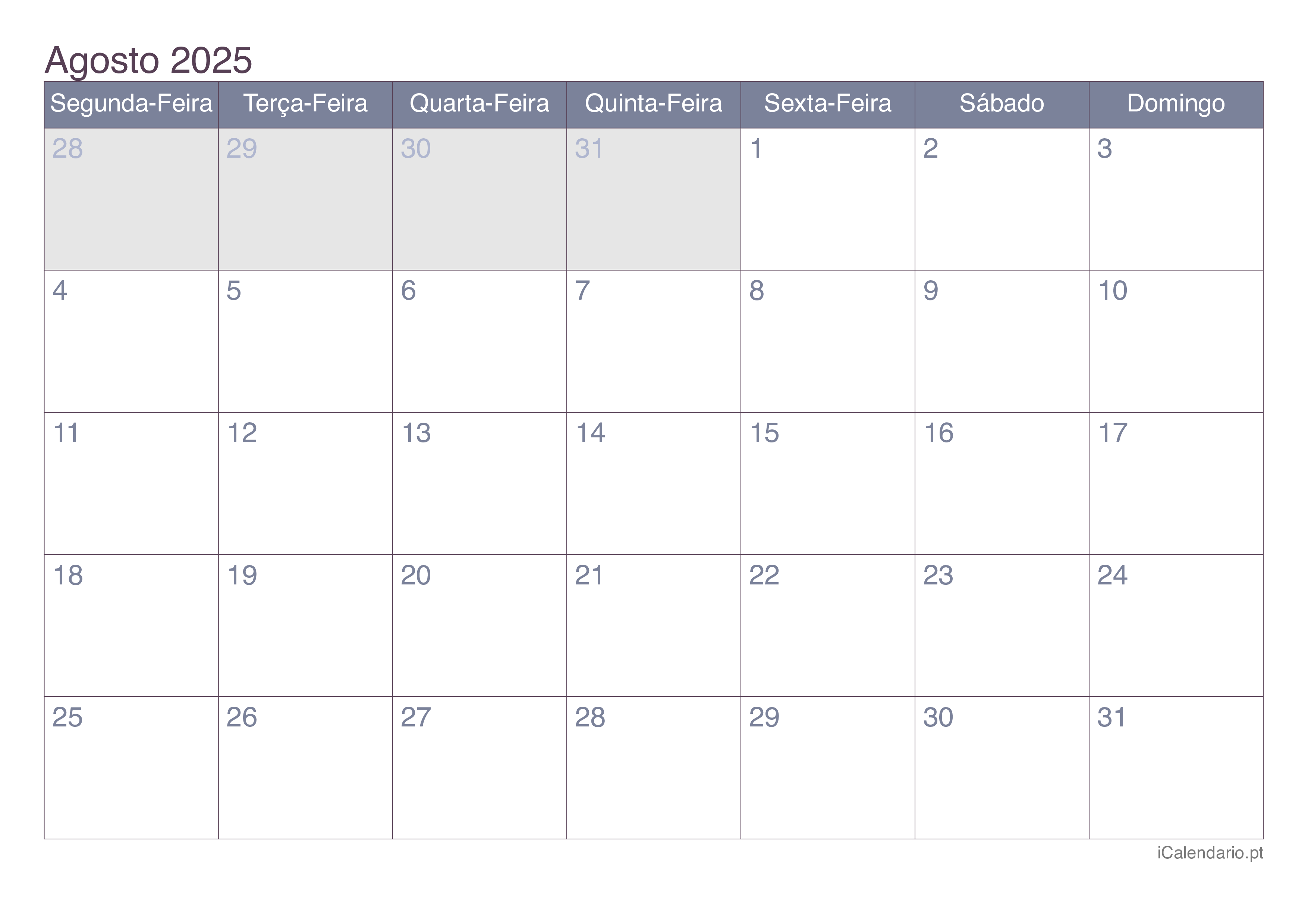 Calendário agosto 2025 para imprimir iCalendário.pt