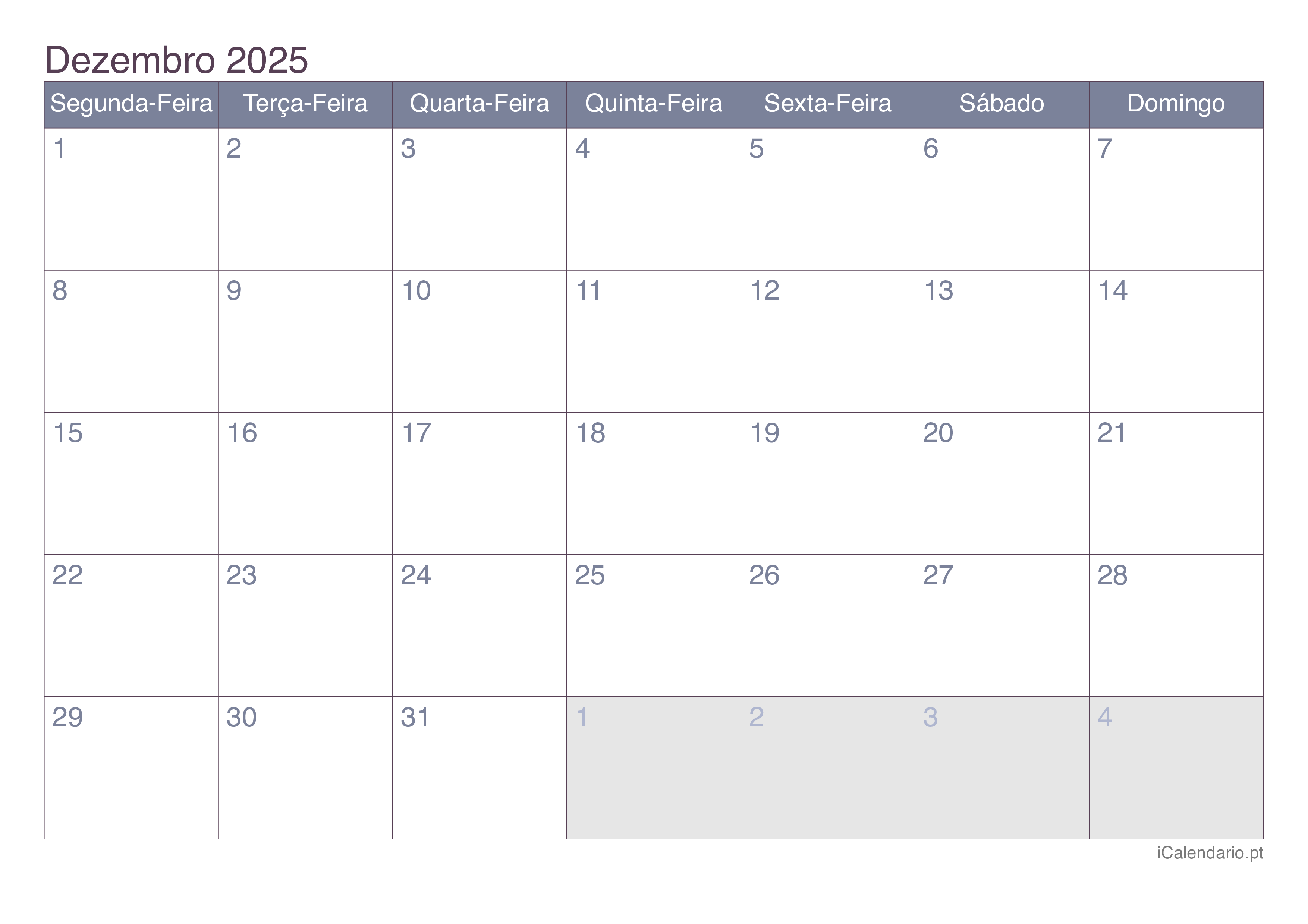 Calendário dezembro 2025 para imprimir iCalendário.pt
