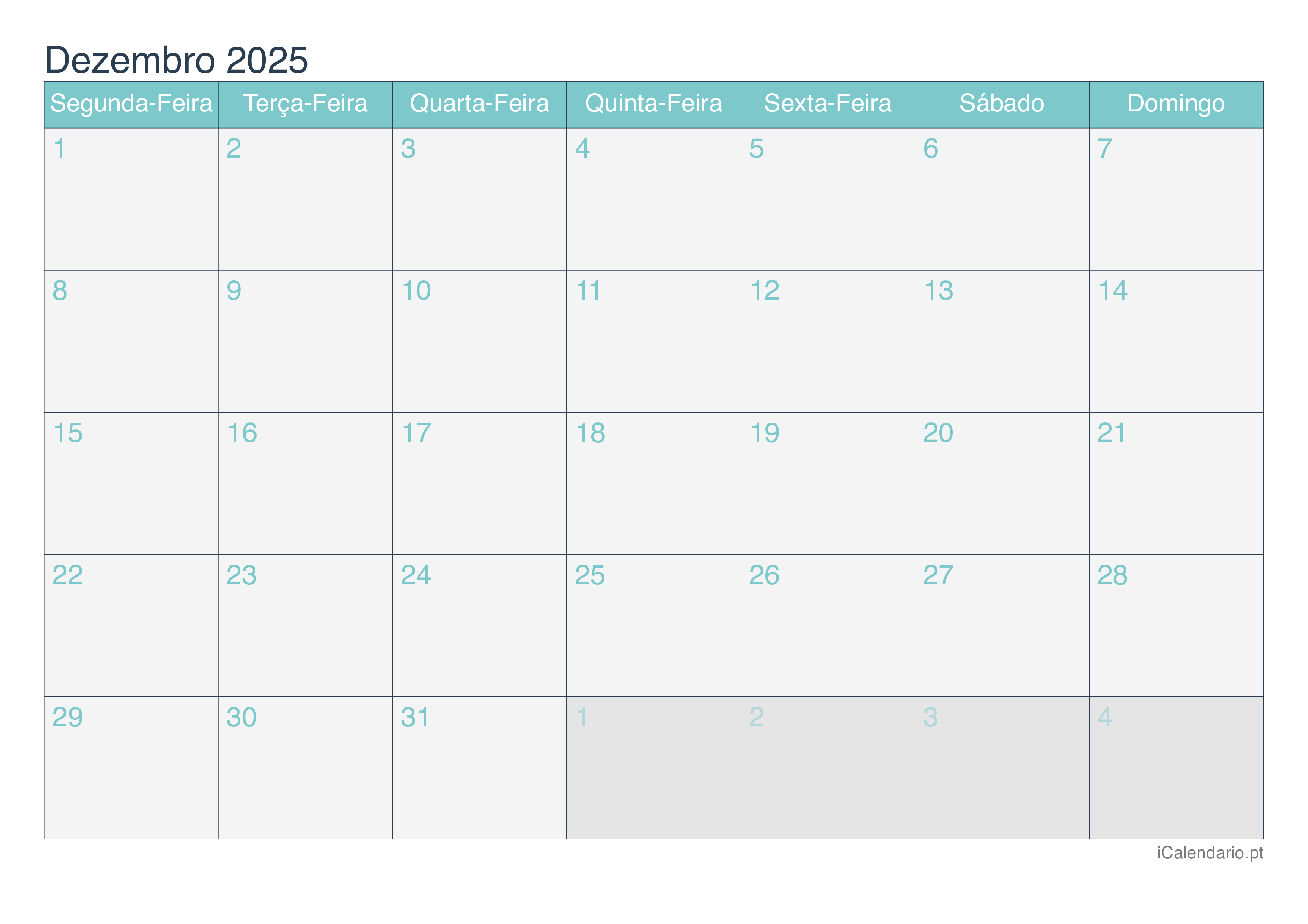 Calendário dezembro 2025 para imprimir iCalendário.pt