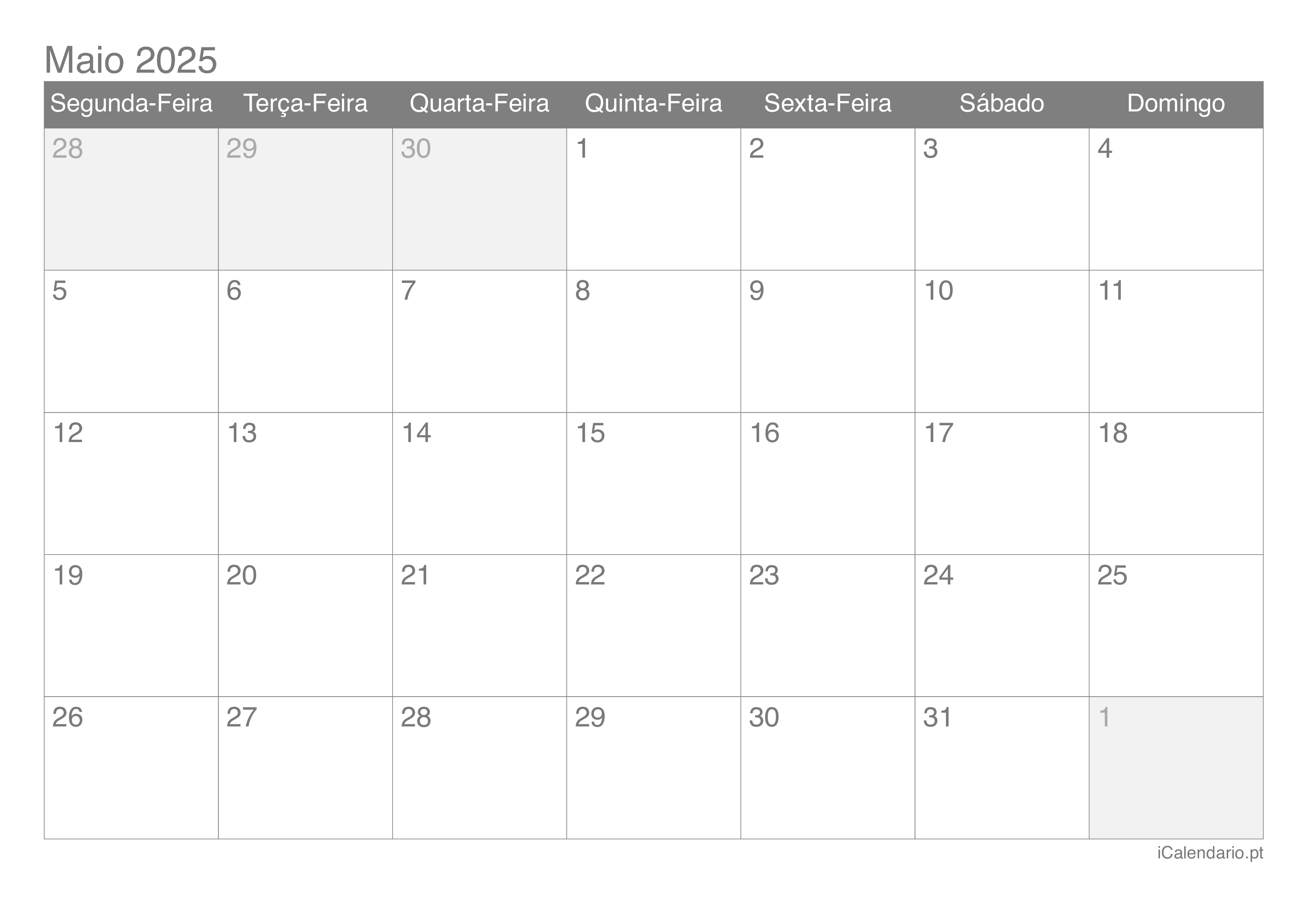 Calendário maio 2025 para imprimir iCalendário.pt