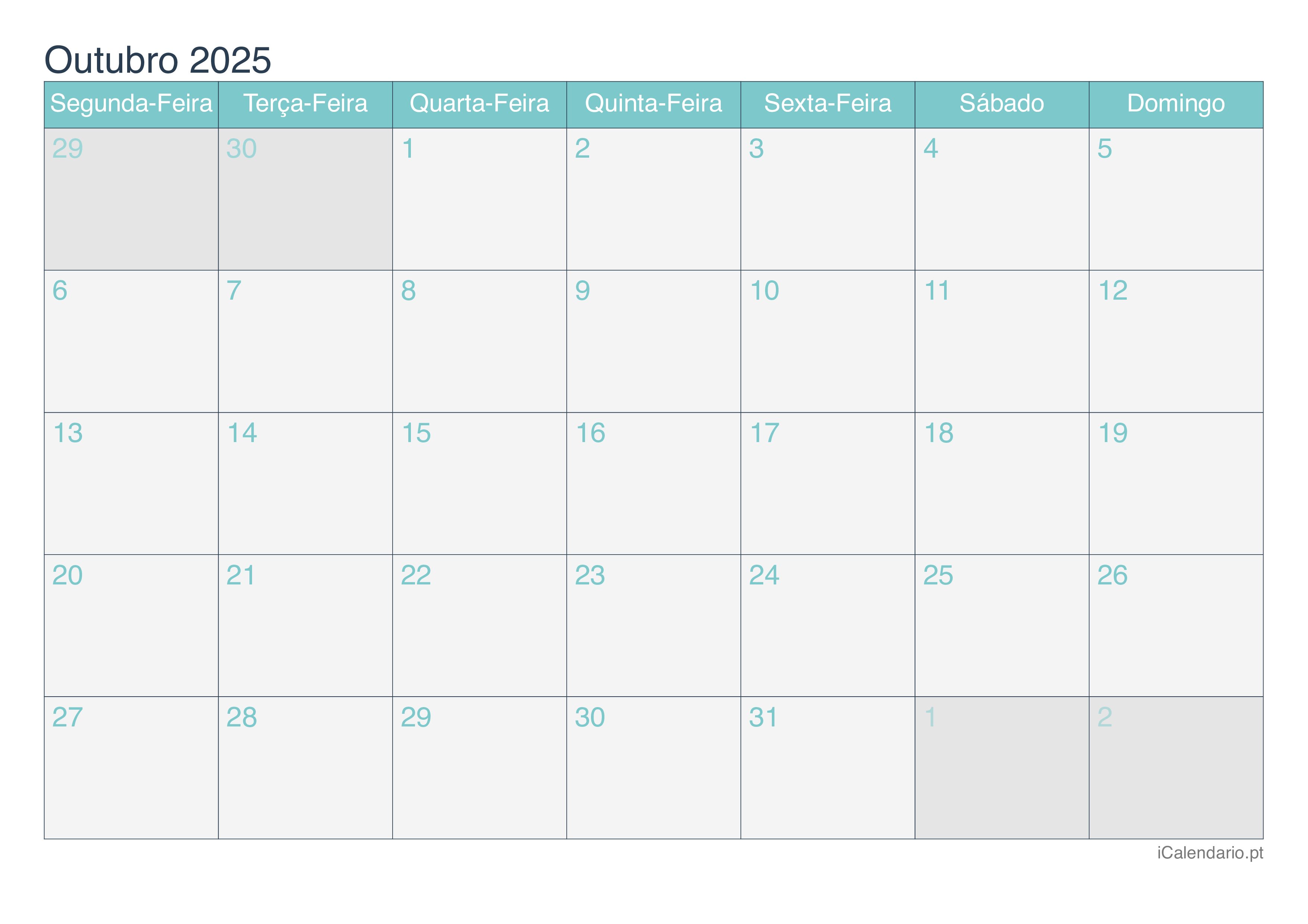 Calendário outubro 2025 para imprimir iCalendário.pt
