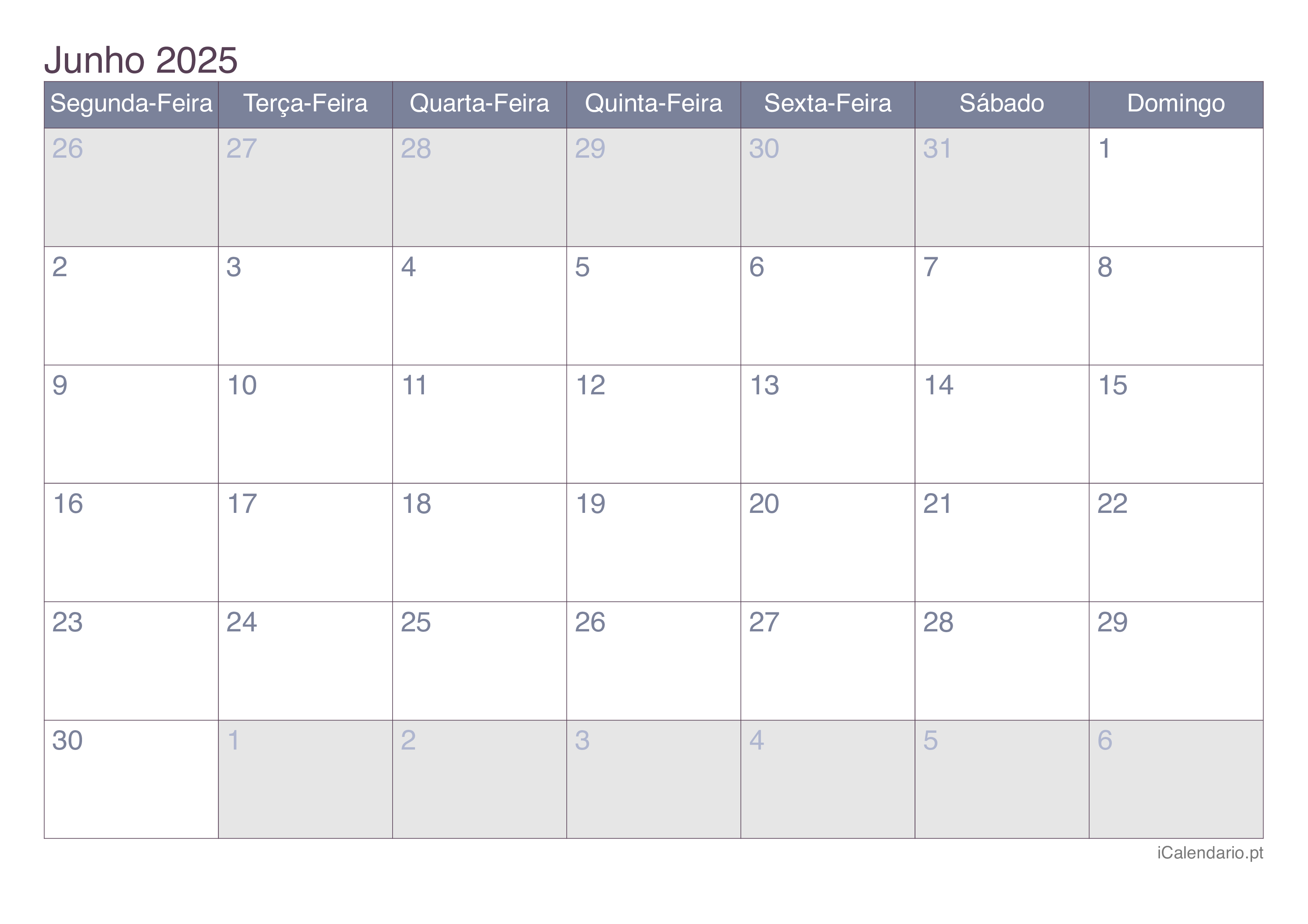 Calendário junho 2025 para imprimir iCalendário.pt